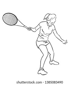 Female tennis player with racket. Isolated black contour. Vector graphic illustration. Abstract hand drawn silhouette. Girl is playing tennis. Athlete in active pose. Professional sport or hobby.