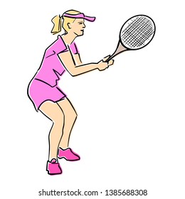 Female tennis player with racket. Vector flat illustration. Isolated black contour and colors. Colorful abstract cartoon. Girl is playing tennis. Athlete in active pose. Professional sport or hobby.