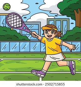 Female Tennis Player Reaching Ball Colored Cartoon