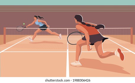 Female tennis player runs to hit the ball with a racket isolated on transparent background. Sportsperson plays tennis, jumps straight to the ball in attempt to hit it using forehand. Match scene.