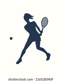 Female tennis player silhouette. Flat style digital design element. Simple vector illustration with woman playing tennis