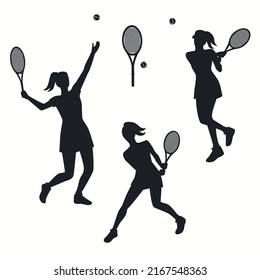 Female tennis player silhouette. Flat style digital design element set. Simple vector illustration with woman playing tennis