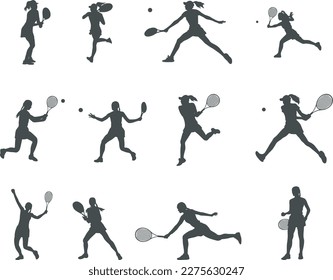 Female tennis player silhouettes, Tennis player silhouette, Woman tennis player vector, Tennis player SVG svg