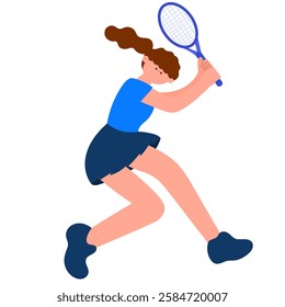 Female tennis player swinging racket, flat vector illustration