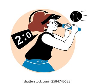 A female tennis player swings her racket to hit a ball, with a scoreboard showing 2:0. The illustration is in a minimalistic style on a light background