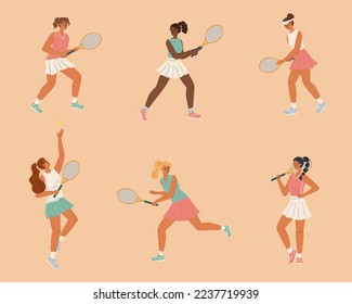 Female tennis players isolated characters vector set. Girls players figures with racket and ball on tennis court