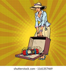 female terrorist. Bomb in baggage. Comic cartoon pop art retro vector illustration drawing