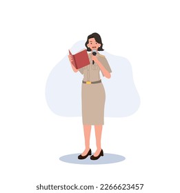 female Thai government officers in uniform. Woman Thai teacher, explaining knowledge from book. Vector illustration