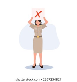 weibliche thailändische Regierungsbeamte in Uniform. Frau thailändische Lehrerin, die falsch, falsch, falsch markieren Zeichen über Kopf hält. Vektorgrafik