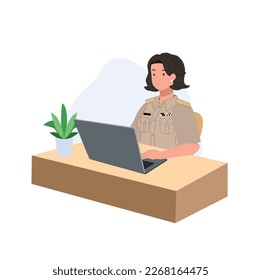 weibliche thailändische Regierungsbeamte in Uniform. Die Thai-Lehrerin arbeitet mit ihrem Laptop in ihrem Schreibtisch. Vektorgrafik