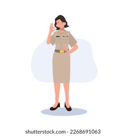 female Thai government officers in uniform. Woman Thai teacher doing OK hand sign.good, Vector illustration