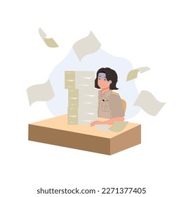 female Thai government officers in uniform. Woman Thai teacher with too overload paper worksheet on the desk. Vector illustration