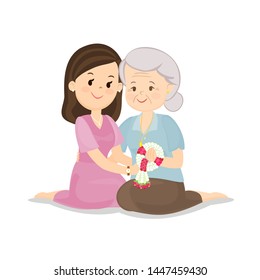 Female Thanksgiving her Mother with Thai Garland in Thai Mother's Day Vector