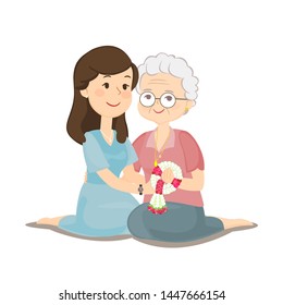 Female Thanksgiving Her Mother with Thai Garland in Thai Mother's Day Vector