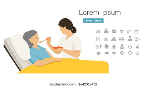 female therapist, caregiver take care old female patient with swallowing problem cartoon character design with medical and rehabilitation icon set