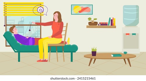 Female therapist with pendulum hypnotizing male patient. Hypnotherapy session in cozy room with plants. Psychology, mental health, and modern therapy vector illustration.