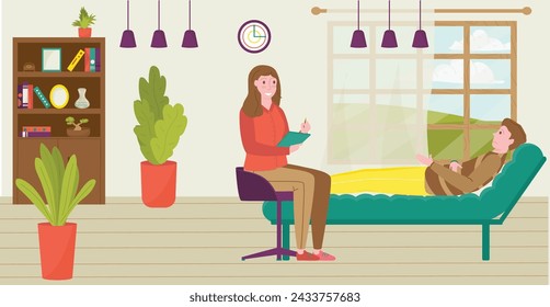 Female therapist taking notes, male patient lying on couch talking. Counselling session in bright therapy office vector illustration.