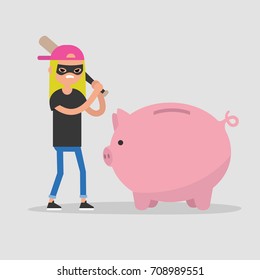 Female thief breaking a piggy bank with a baseball bat / flat editable vector illustration, clip art