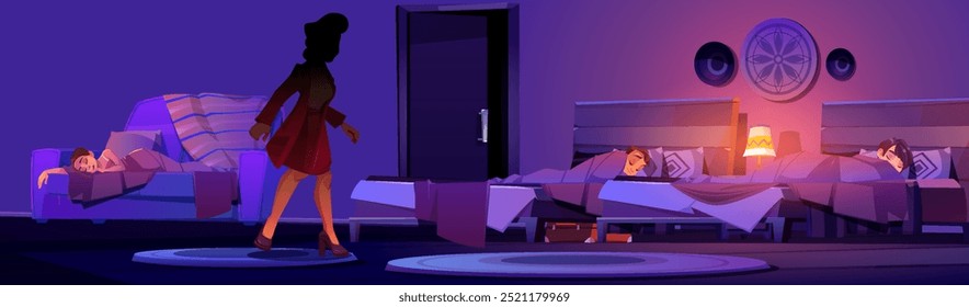 Ladrona escondiéndose en secreto en el dormitorio de los niños por la noche. Vector ilustración de dibujos animados de mujer desconocida caminando habitación oscura con niños durmiendo en camas, ladrón buscando cosas para robar, escena del crimen