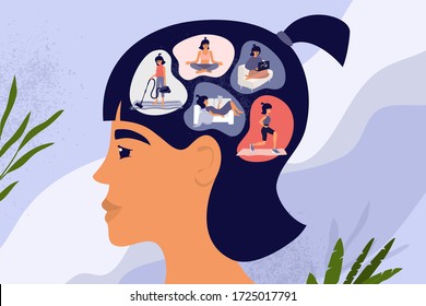 Female thoughts or brain, pensive woman concept. Cute girl stay home and choosing leisure activity. Reading, work, meditation, sport workout, housework routine, cleaning. Lifestyle vector illustration