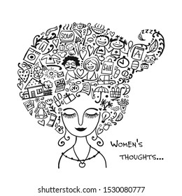 Female thoughts in head about current affairs. Sketch for your design. Vector illustration