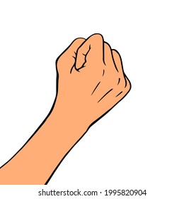 Female threatening hand fist on a white background. Protest or threat gesture. Cartoon vector illustration hand drawn