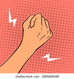 Female threatening hand fist on a color background. Protest or threat gesture. Cartoon vector illustration hand drawn pop art