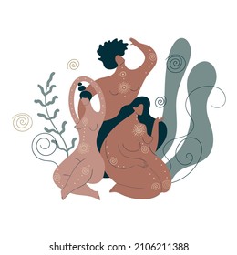 Female three goddesses of magical nature and boho style