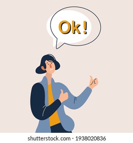 Female thump up with blank speech bubble. Concept of compliment, preference, empty bubble, confirmation, guarantee, certify action, warrant, liking. Flat vector illustration cartoon character.