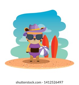 female tiger with summer hat and balloon on the beach