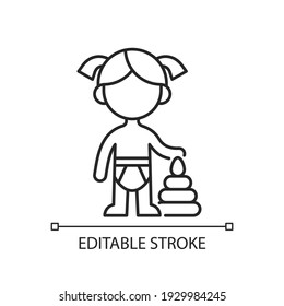 Female toddler linear icon. Toddlerhood. Preschool years. 12 to 36 months old child. Thin line customizable illustration. Contour symbol. Vector isolated outline drawing. Editable stroke