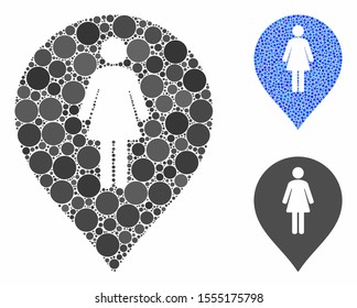Female toilet marker mosaic of spheric dots in various sizes and color tinges, based on female toilet marker icon. Vector dots are grouped into blue mosaic.