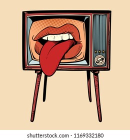 female tongue sticking out. Comic cartoon pop art retro vector drawing