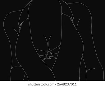 A female torso line art illustration with clean, minimalist contours and elegant curves. The black-and-white sketch features smooth strokes, emphasizing simplicity and artistic expression.