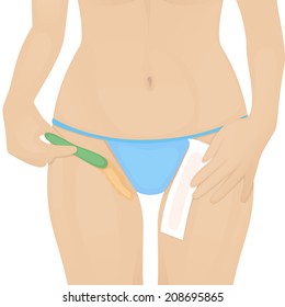 Female Torso, Woman In Blue Shorts Smears Wax On The Bikini Area Hair Removal