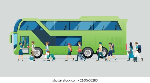 Female tour bus operator checking passengers' tickets and baggage.