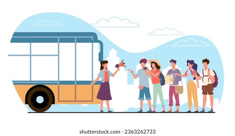 Un guía turístico de mujeres llama a los viajeros por megáfono para un recorrido en autobús por la ciudad. Viajeros y mujeres visitan lugares de interés turístico. Excursión en autobús. Caricatura de vacaciones concepto vectorial aislado de estilo plano