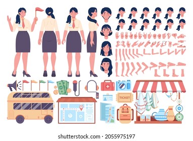 Female Tour Guide Items Set. Touristic Entertainment Equipment. Tour Bus And Map, Museum Tickets. Idea Of City Traveling. Tourist Site And Attractions. Isolated Vector Illustration