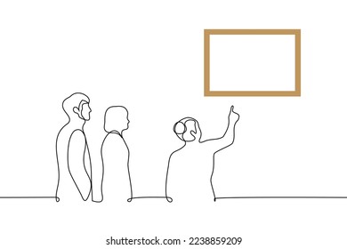 female tour guide pointing at a painting on the wall couple behind her listening - one line drawing vector. concept excursion for visitors in a museum or gallery