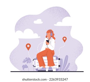 Female tourist with baggage. Young girl in headphones with smartphone sits on suitcase and waits. Travel and tourism. Woman with bag or luggage. Cartoon flat vector illustration