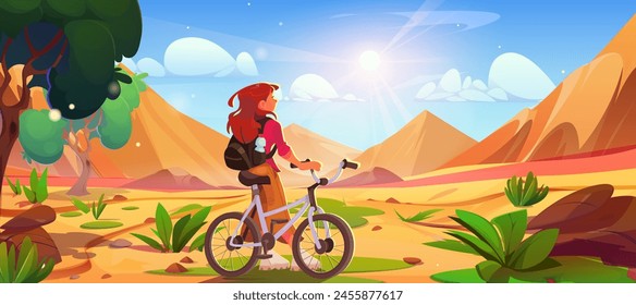 Touristin mit Fahrrad und Blick auf Sanddünen. Vektorgrafik-Cartoon-Illustration der jungen Frau Radfahren, Blick auf sandige Sommerwüste, grüne Bäume und Gras, Steine auf dem Boden, helle Sonne am blauen Himmel