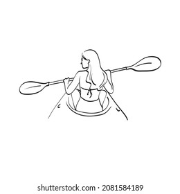 female tourist in bikini relaxing on kayak with paddle in hands illustration vector isolated on white background line art. 