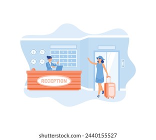 A female tourist carrying a suitcase in the hotel lobby. Check-in at the reception desk. Hotel Receptionist concept. Flat vector illustration.