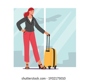 Female Tourist Character with Luggage Boarding on Airplane. Girl Traveler Go to Aircraft, Passenger Board to Jet. Business Trip, Travel, Woman in Airport Wait Registration. Cartoon Vector Illustration