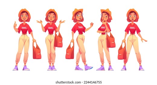 Female tourist character set with different emotions, front and side view on white background. Cartoon vector illustration of happy, sad, pensive, surprised girl in casual clothes with bag on vacation