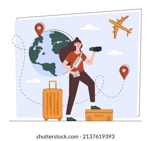 Female tourist concept. Girl on luggage with binoculars. Metaphor of tourist and vacation. Poster or banner for travel site. Route and planning, international flights. Cartoon flat vector illustration