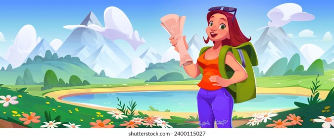 Female tourist with hiking backpack and map in hands stands by lake at foot of mountains. Cartoon vector summer landscape of active recreation and adventure concept with young traveling woman.