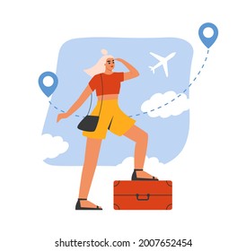 Female Tourist With Luggage At The Airport. Young Woman Travelling Abroad By Airplane With A Suitcase, Bag. Summer Vacation, Holiday, Journey Concept. Isolated Flat Vector Illustration