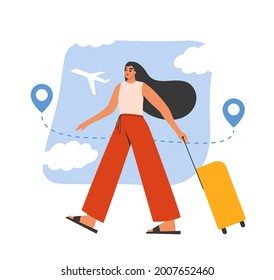 Female tourist with luggage at the airport. Young woman travelling abroad by airplane with a suitcase, bag. Summer vacation, holiday, journey concept. Isolated flat vector illustration