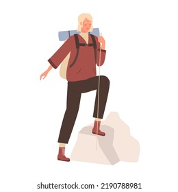 Female tourist on mountain top. Hiking travelling route, traveler equipment backpack vector illustration